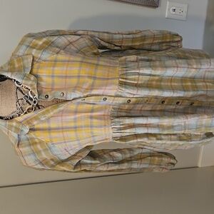 Plaid Button-Up Baby Doll Flannel Shirt with Yellow and Gray